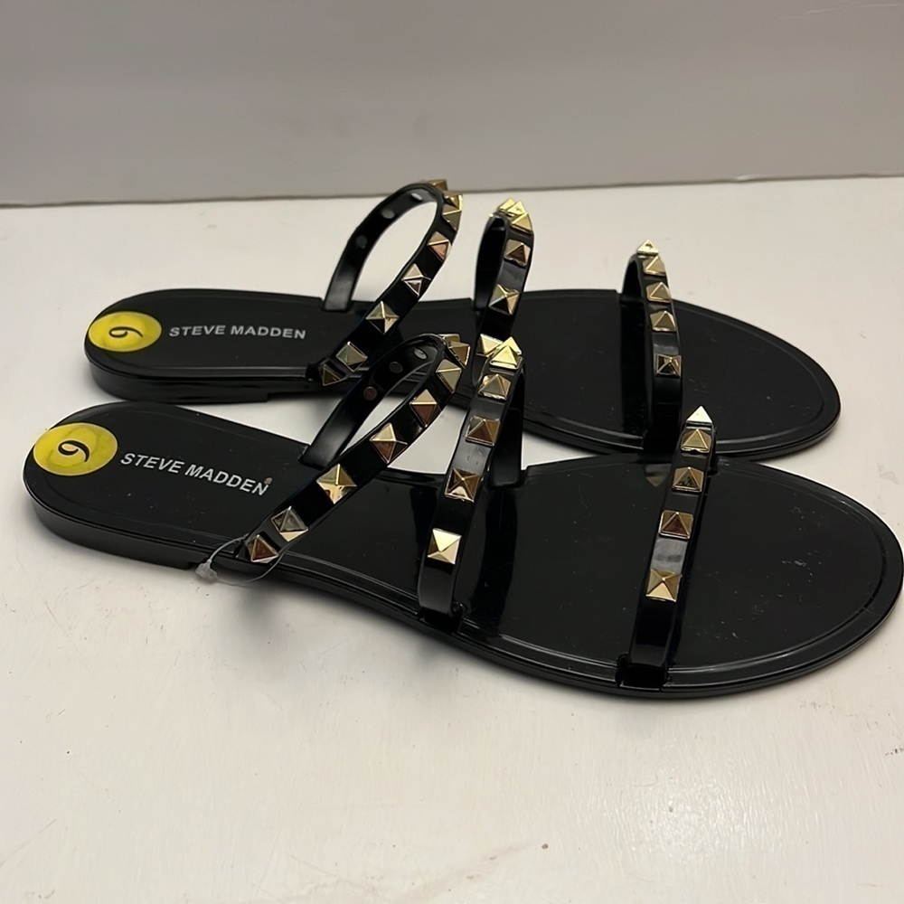 Steve Madden Black Shiny Gold Studded Sandals size 9 NEW - Picture 4 of 8